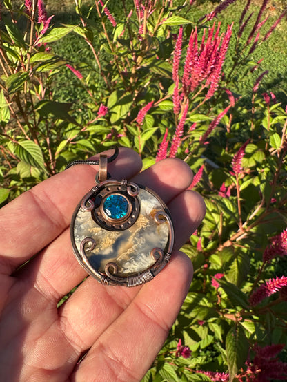 Stratosphere Whispers: Topaz & Plume Agate Doublet Pendant