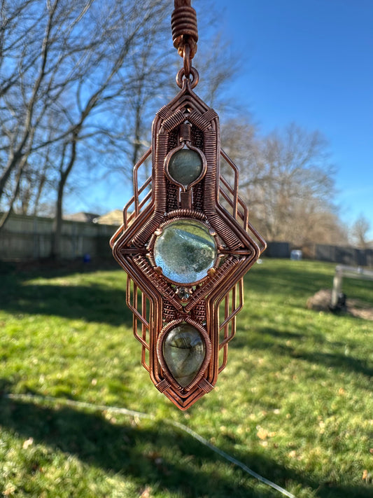 Portal Talisman 🪬 🕳️🛸👽 Copper Tech Key Pendant, Labradorite & Lodolite Crystals