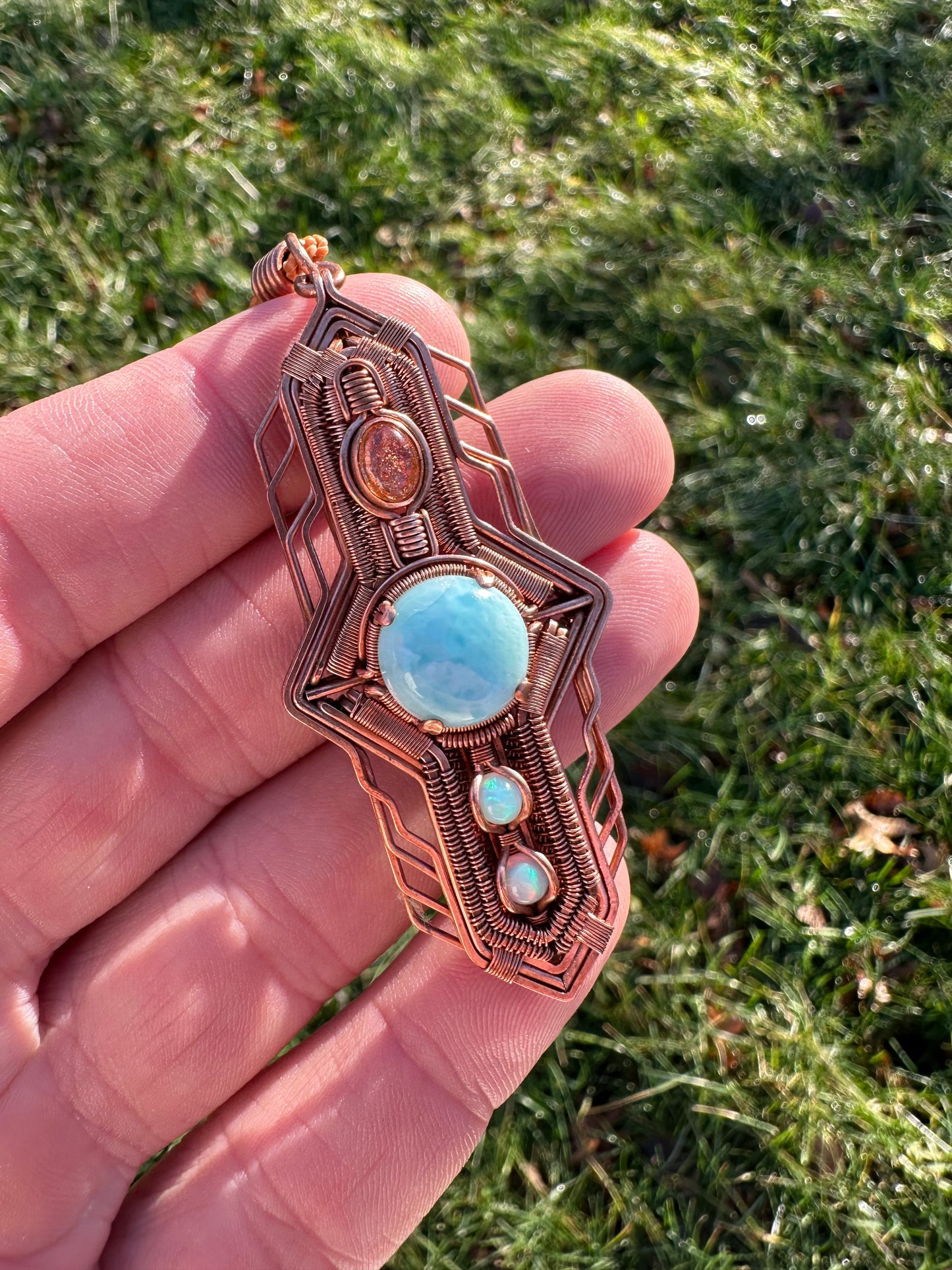 Portal Talisman 🪬 🕳️🛸👽 Copper Tech Key Pendant, Sunstone, Larimer & Opals