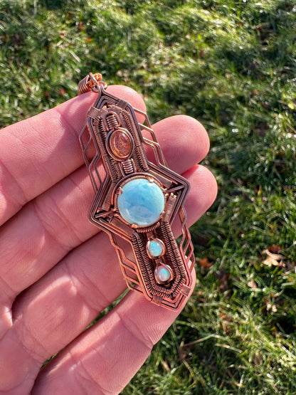 Portal Talisman 🪬 🕳️🛸👽 Copper Tech Key Pendant, Sunstone, Larimer & Opals