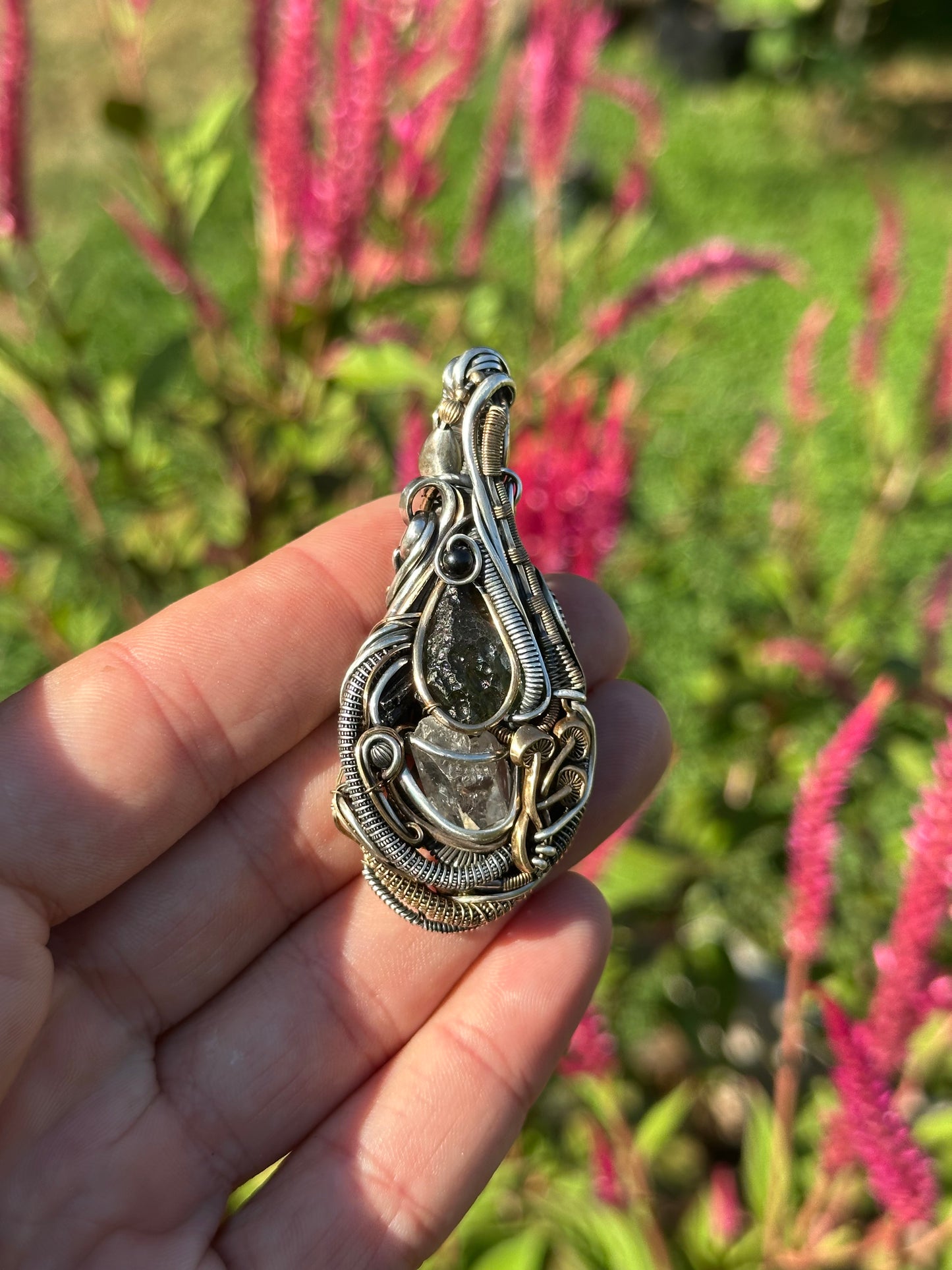 Connect & Protect ✨👽 ✨ Moldavite, Herkimer Diamond, Black Tourmaline 🪬 Talisman Pendant .925 Silver & 14k Gold Fill