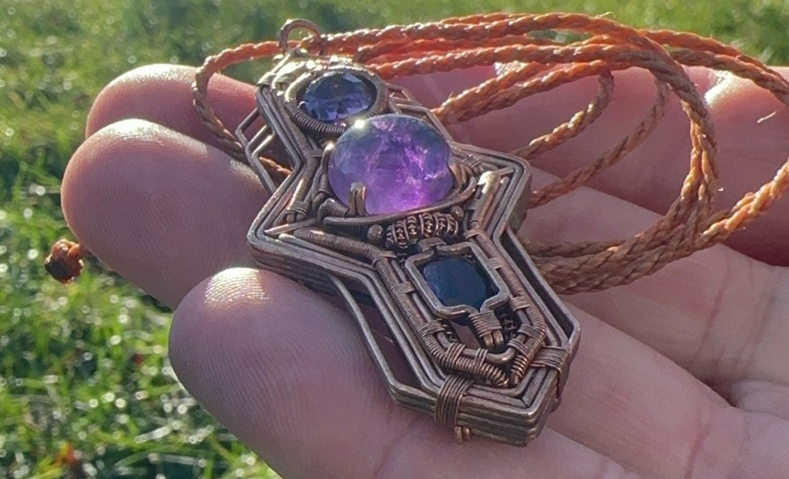 Portal Talisman 🪬 🕳️🛸👽 Copper Tech Key Pendant, Triple Amethyst Crystals