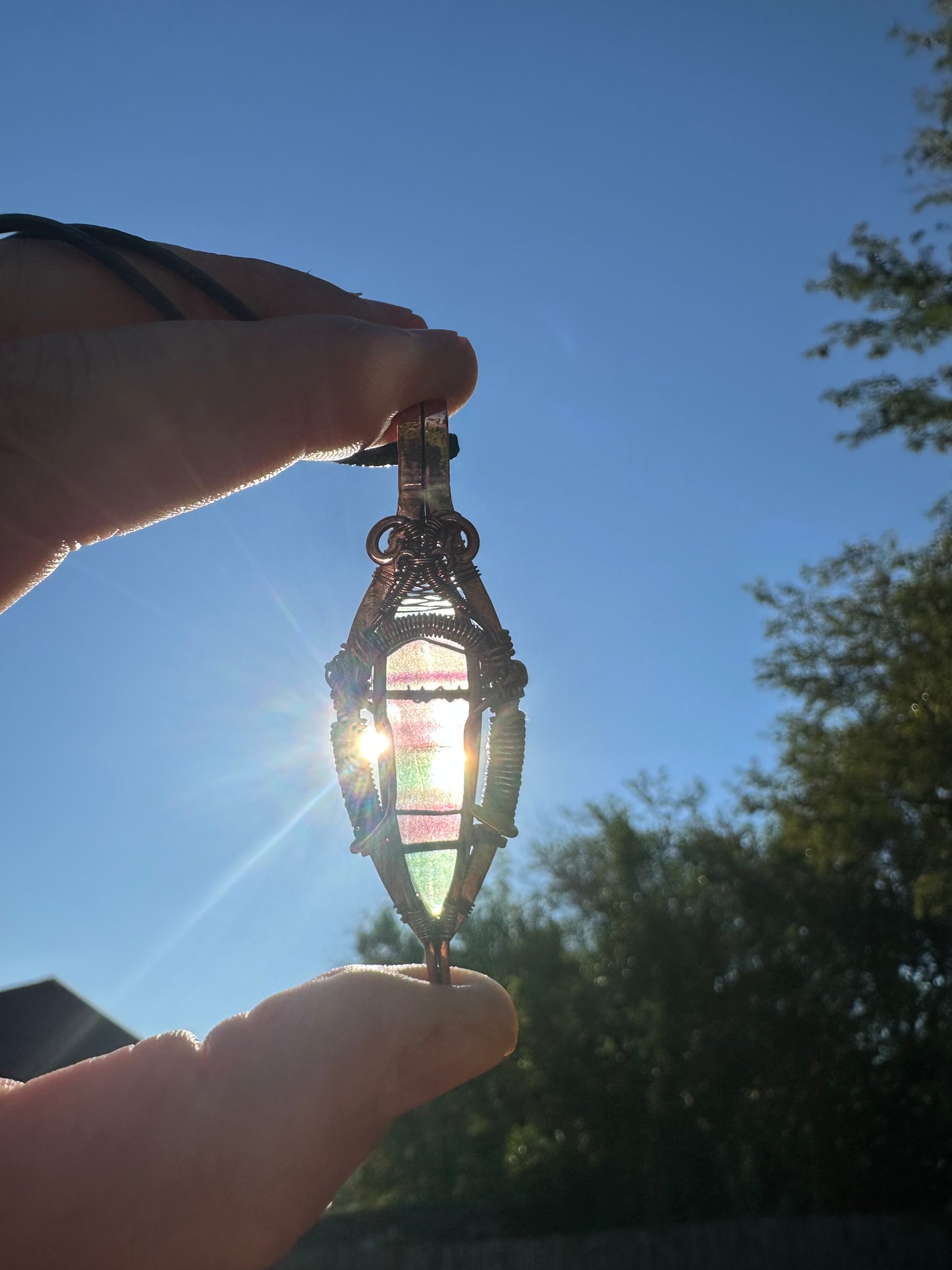 Rainbow Light Waterfall Fluorite & Copper Wire Wrapped Pendant