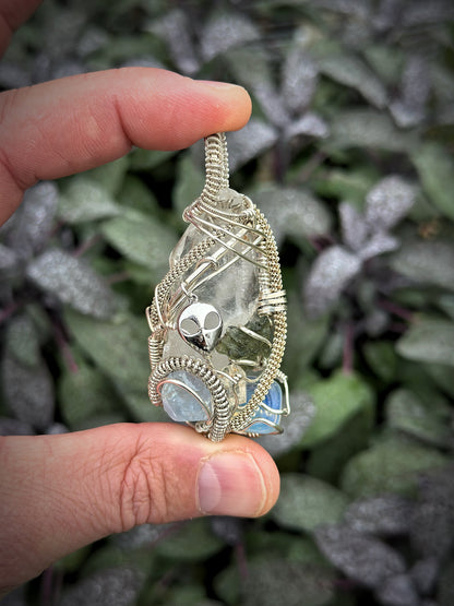 Alien 👽 Frequencies 📡 The Outer Realm: Moldavite, Opal, Blue Calcite, Clear Quartz 100% .925 Sterling Silver Pendant