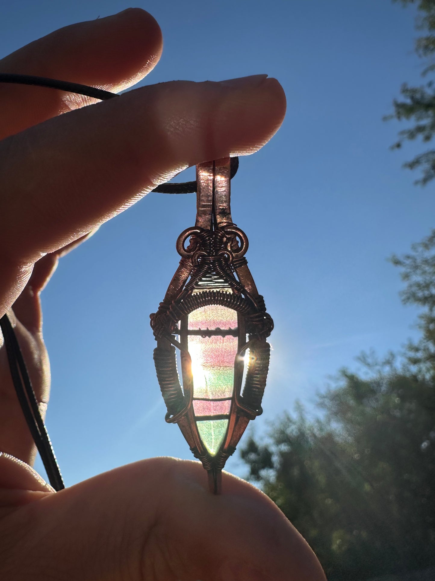 Rainbow Light Waterfall Fluorite & Copper Wire Wrapped Pendant