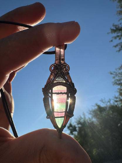 Rainbow Light Waterfall Fluorite & Copper Wire Wrapped Pendant