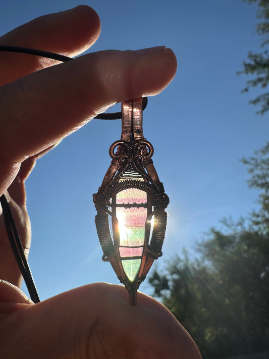 Rainbow Light Waterfall Fluorite & Copper Wire Wrapped Pendant