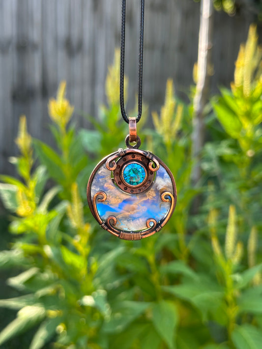 Stratosphere Whispers: Topaz & Plume Agate Doublet Pendant