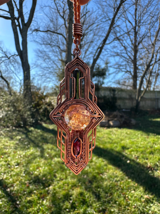 Portal Talisman 🪬 🕳️🛸👽 Copper Tech Key Pendant, Tourmaline & Garnet Crystals