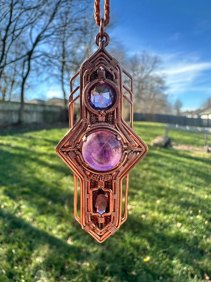 Portal Talisman 🪬 🕳️🛸👽 Copper Tech Key Pendant, Triple Amethyst Crystals