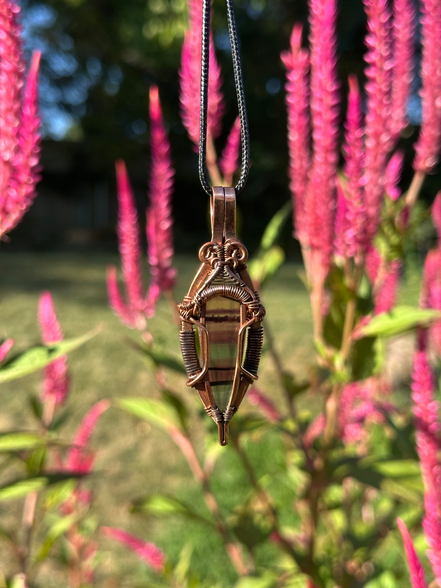 Rainbow Light Waterfall Fluorite & Copper Wire Wrapped Pendant