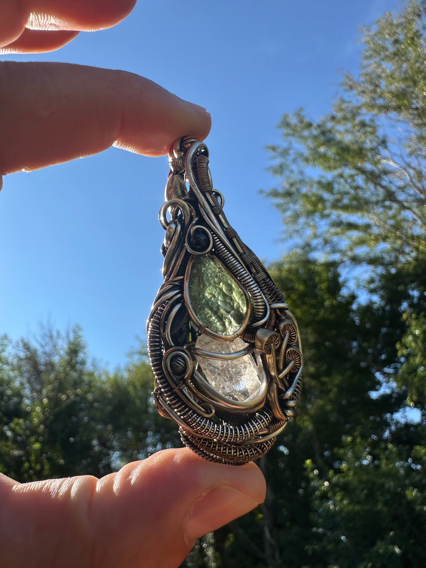 Connect & Protect ✨👽 ✨ Moldavite, Herkimer Diamond, Black Tourmaline 🪬 Talisman Pendant .925 Silver & 14k Gold Fill