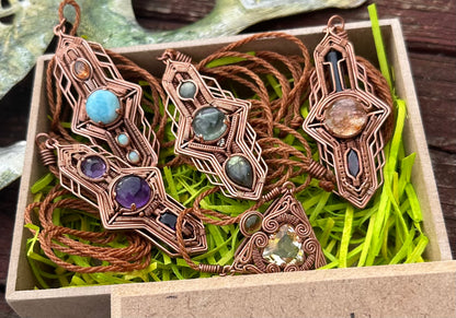 Portal Talisman 🪬 🕳️🛸👽 Copper Tech Key Pendant, Triple Amethyst Crystals