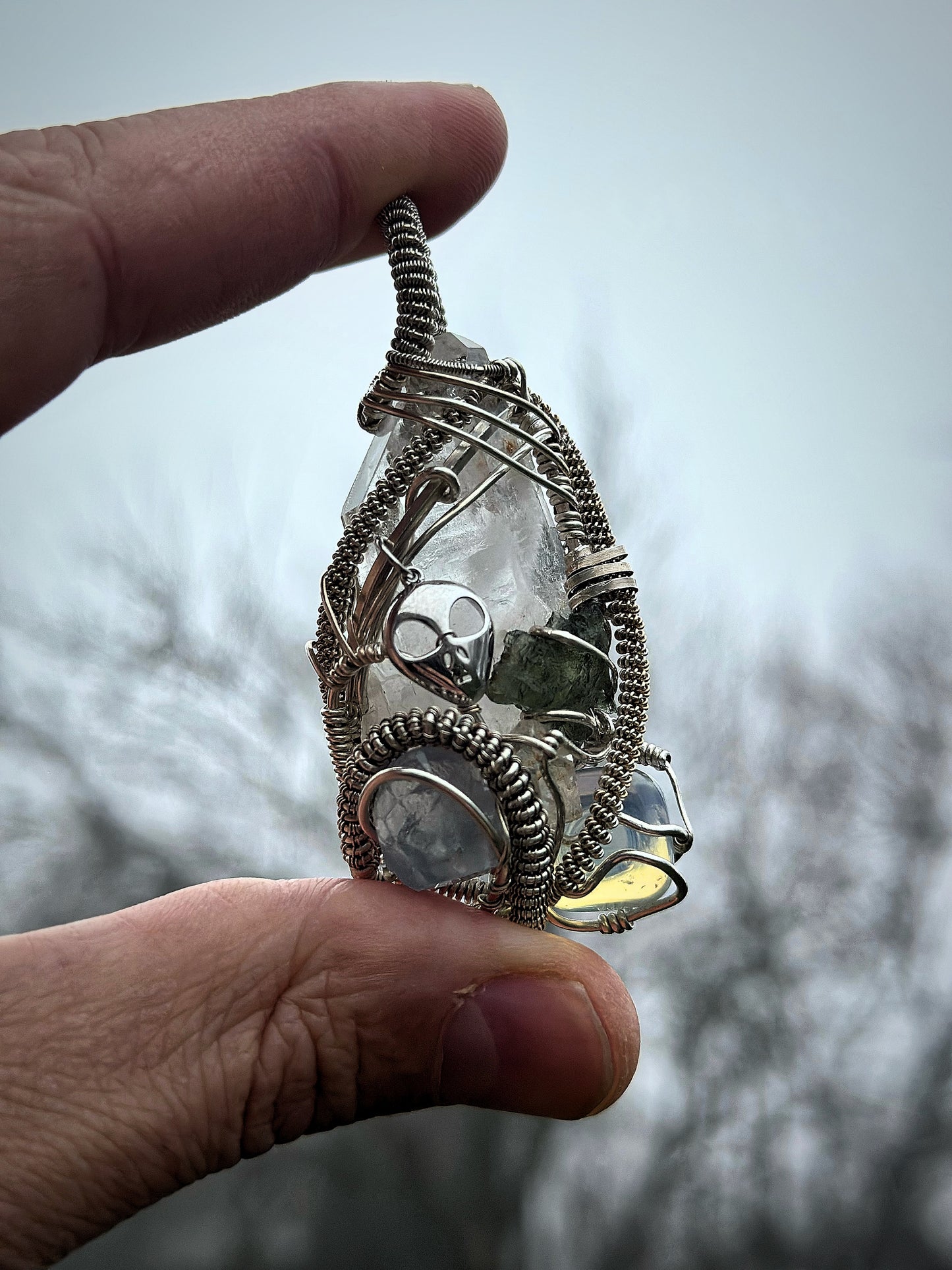Alien 👽 Frequencies 📡 The Outer Realm: Moldavite, Opal, Blue Calcite, Clear Quartz 100% .925 Sterling Silver Pendant