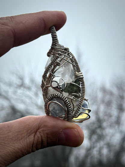 Alien 👽 Frequencies 📡 The Outer Realm: Moldavite, Opal, Blue Calcite, Clear Quartz 100% .925 Sterling Silver Pendant