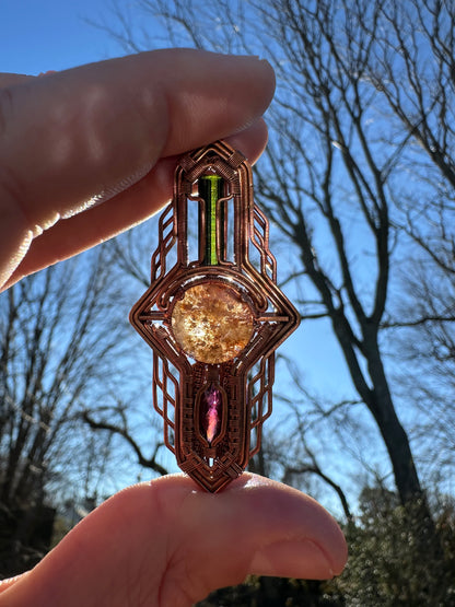 Portal Talisman 🪬 🕳️🛸👽 Copper Tech Key Pendant, Tourmaline & Garnet Crystals