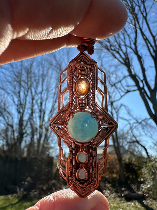 Portal Talisman 🪬 🕳️🛸👽 Copper Tech Key Pendant, Sunstone, Larimer & Opals
