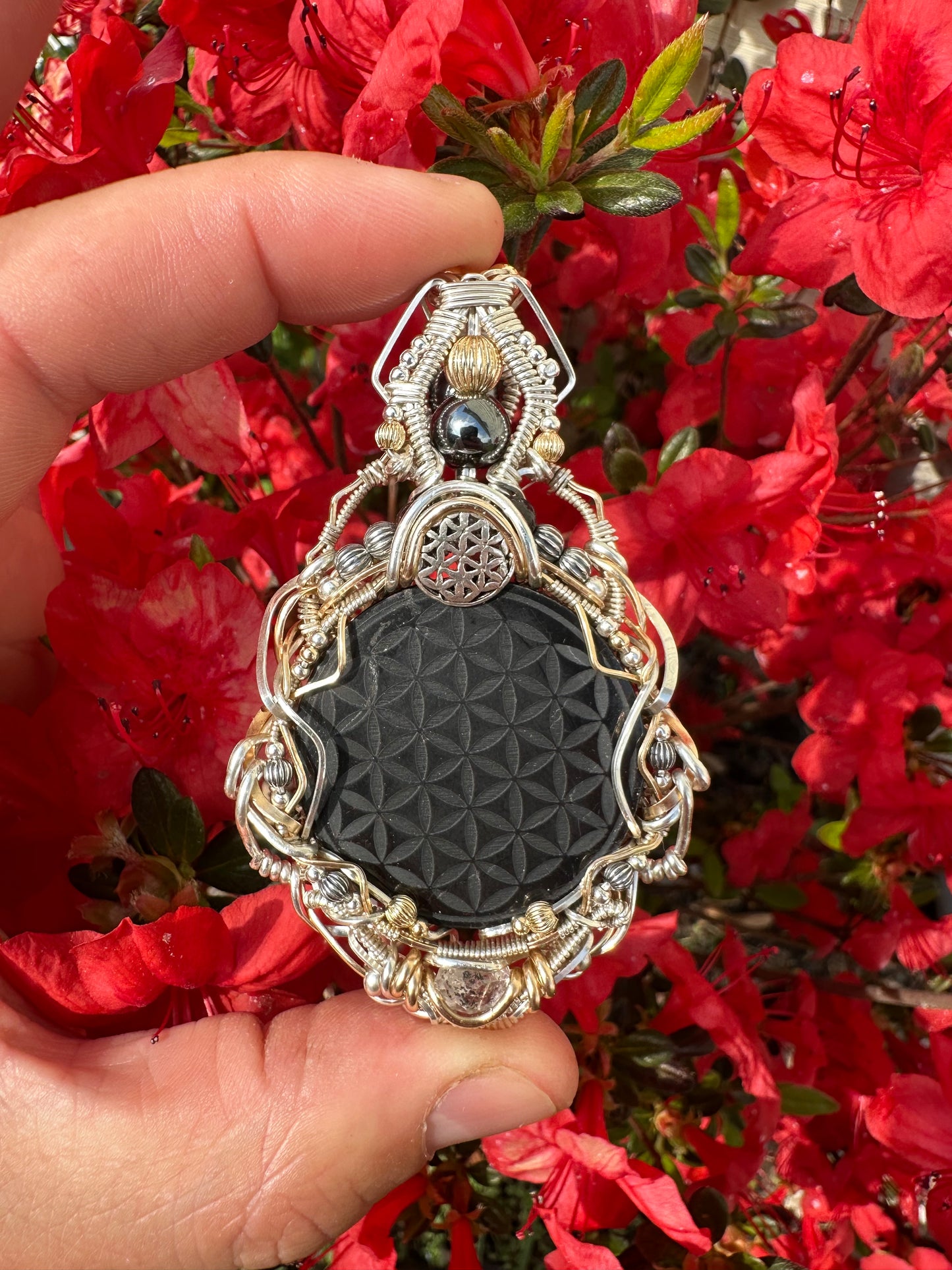 Sacred Shungite 🪬 Flower of Life ✨⚛️✨ Herkimer Diamond 💎 EMF Protection 📵🛜📵 Pendant