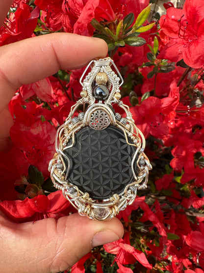 Sacred Shungite 🪬 Flower of Life ✨⚛️✨ Herkimer Diamond 💎 EMF Protection 📵🛜📵 Pendant