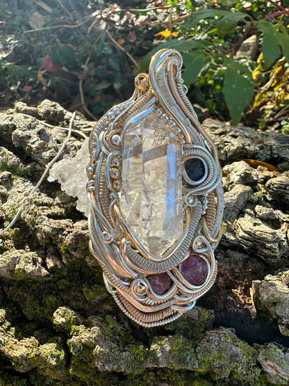 Massive Love Energy Pendant Silver & Gold Heady Quartz + Ruby, Sapphire Accents