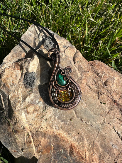 Malachite + Golden Citrine Diamond Pendant