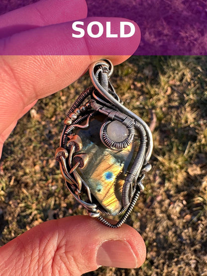 SOLD - Labradorite & Moonstone Wire Wrapped Pendant with Mushroom Accents - #3