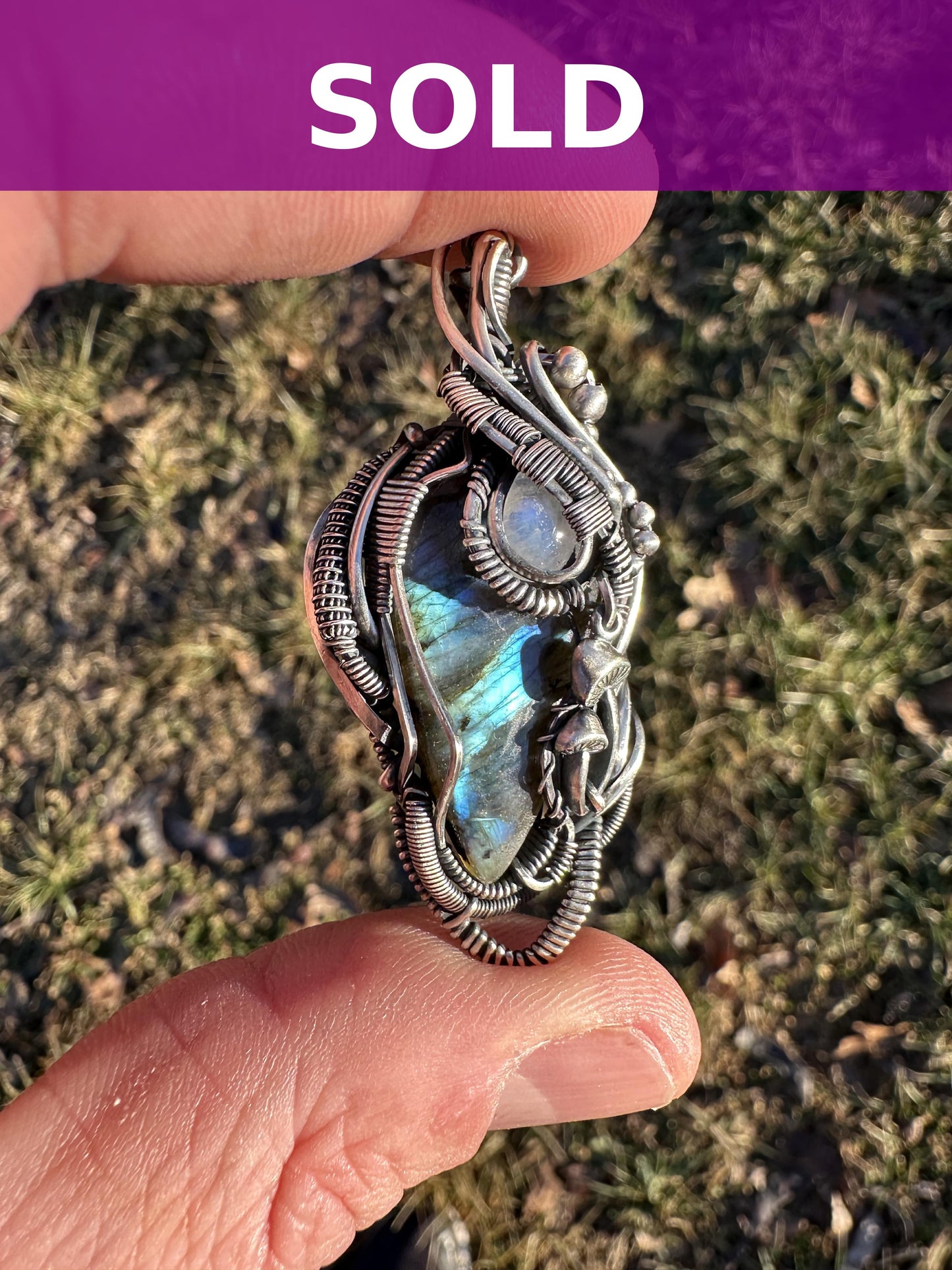 SOLD - Labradorite & Moonstone Wire Wrapped Pendant with Mushroom Accents - #4