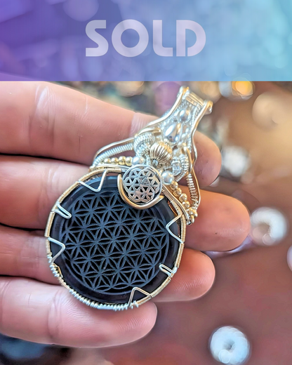 Shungite Flower of Life Silver & Gold Pendant