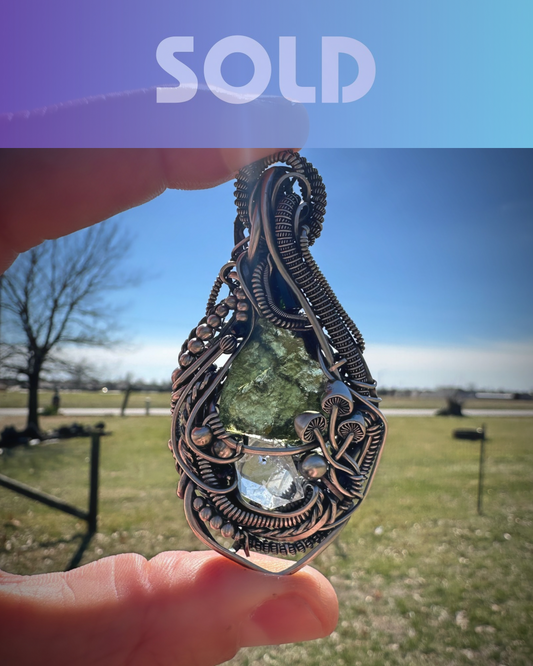 Inner Vision Moldavite, Green Tourmaline & Herkimer Diamond Quartz Pendant in Sterling Silver