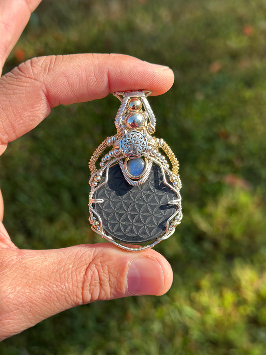Sacred Shungite ✨ Moonstone 🌓 Flower of Life Sterling Silver & 14k Gold Fill Pendant 🪬 EMF Protection 📵🛜📵