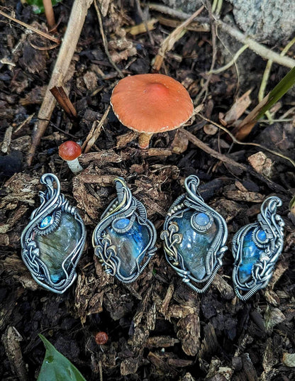 Labradorite & Moonstone Wire Wrapped Pendant with Mushroom Accents - #1