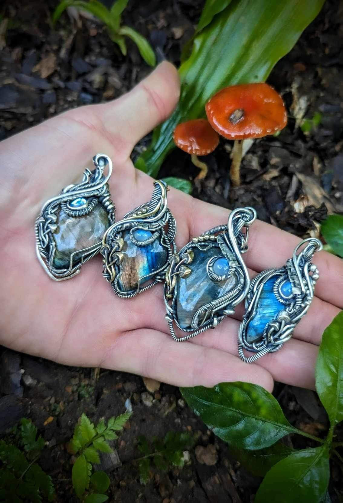 Labradorite & Moonstone Wire Wrapped Pendant with Mushroom Accents - #1