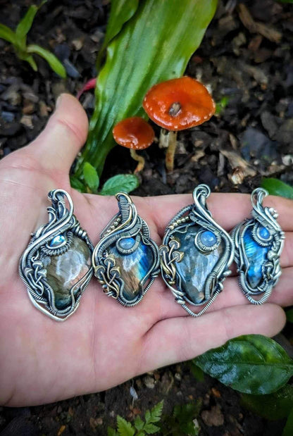 SOLD - Labradorite & Moonstone Wire Wrapped Pendant with Mushroom Accents - #3