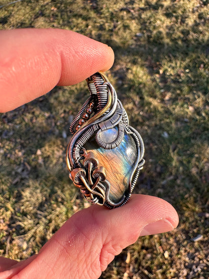 Labradorite & Moonstone Wire Wrapped Pendant with Mushroom Accents - #1