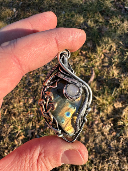 SOLD - Labradorite & Moonstone Wire Wrapped Pendant with Mushroom Accents - #3