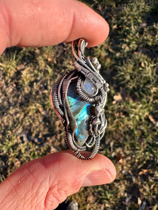 SOLD - Labradorite & Moonstone Wire Wrapped Pendant with Mushroom Accents - #4