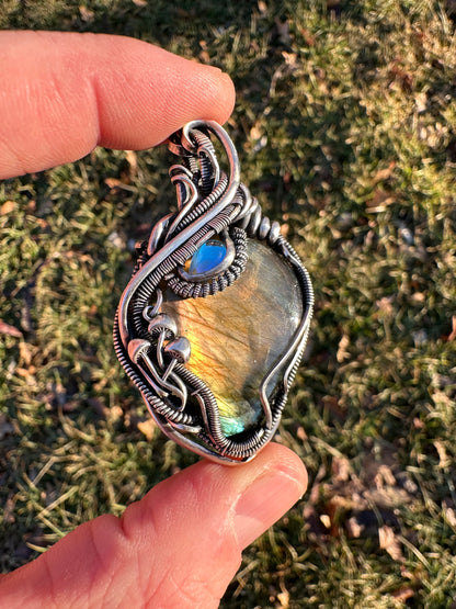 SOLD - Labradorite & Moonstone Wire Wrapped Pendant with Mushroom Accents - #2