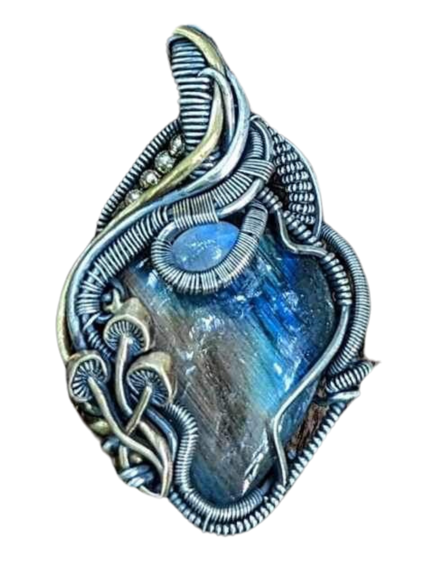 Labradorite & Moonstone Wire Wrapped Pendant with Mushroom Accents - #1