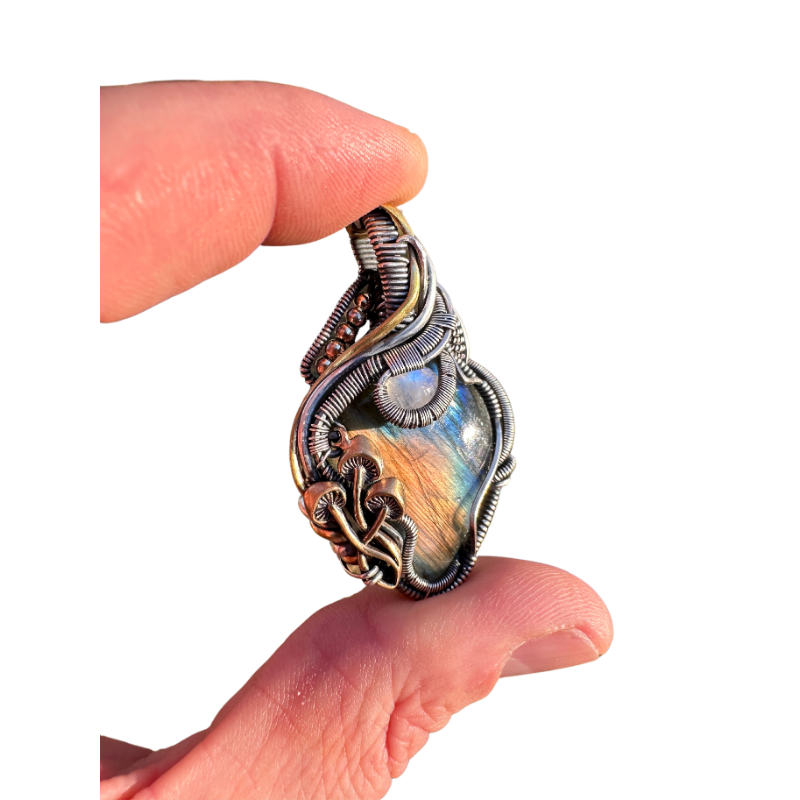 Labradorite & Moonstone Wire Wrapped Pendant with Mushroom Accents - #1