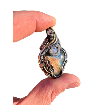 Labradorite & Moonstone Wire Wrapped Pendant with Mushroom Accents - #1