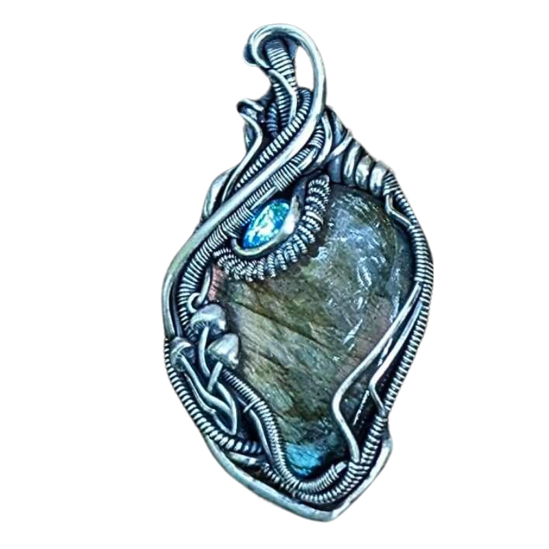 SOLD - Labradorite & Moonstone Wire Wrapped Pendant with Mushroom Accents - #2