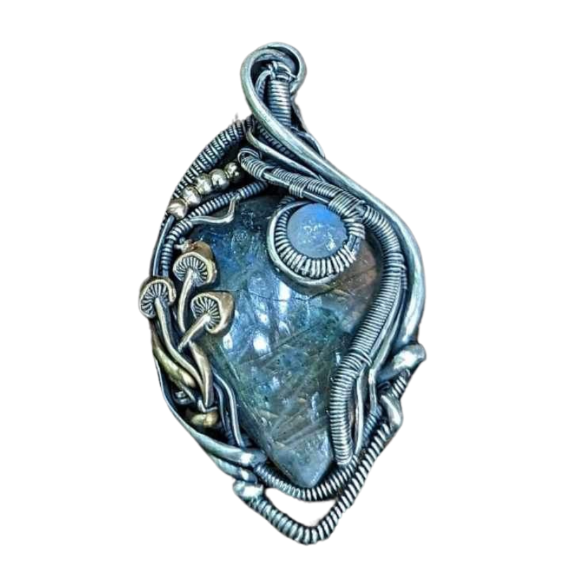 SOLD - Labradorite & Moonstone Wire Wrapped Pendant with Mushroom Accents - #3