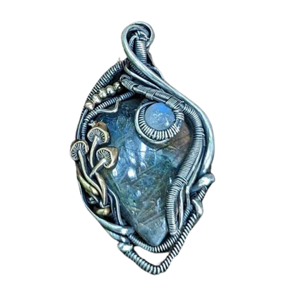 SOLD - Labradorite & Moonstone Wire Wrapped Pendant with Mushroom Accents - #3