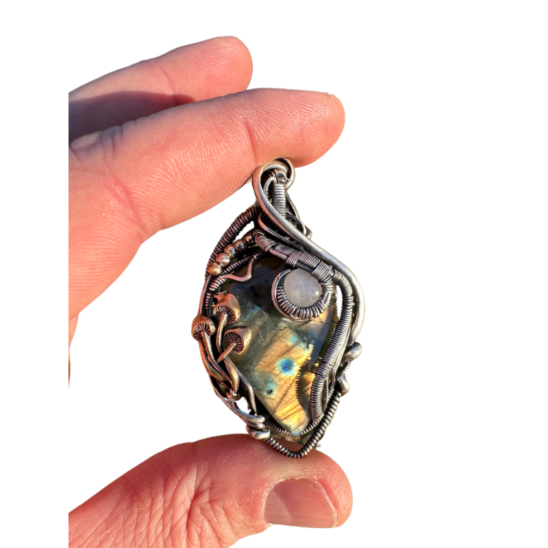 SOLD - Labradorite & Moonstone Wire Wrapped Pendant with Mushroom Accents - #3