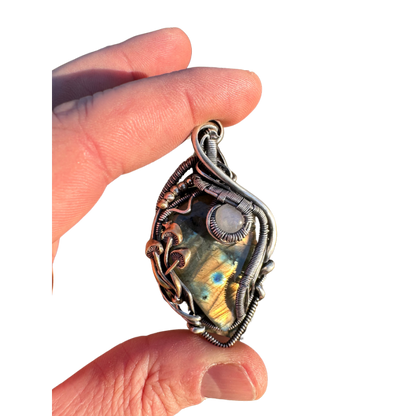 SOLD - Labradorite & Moonstone Wire Wrapped Pendant with Mushroom Accents - #3