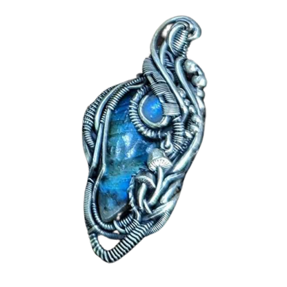 SOLD - Labradorite & Moonstone Wire Wrapped Pendant with Mushroom Accents - #4