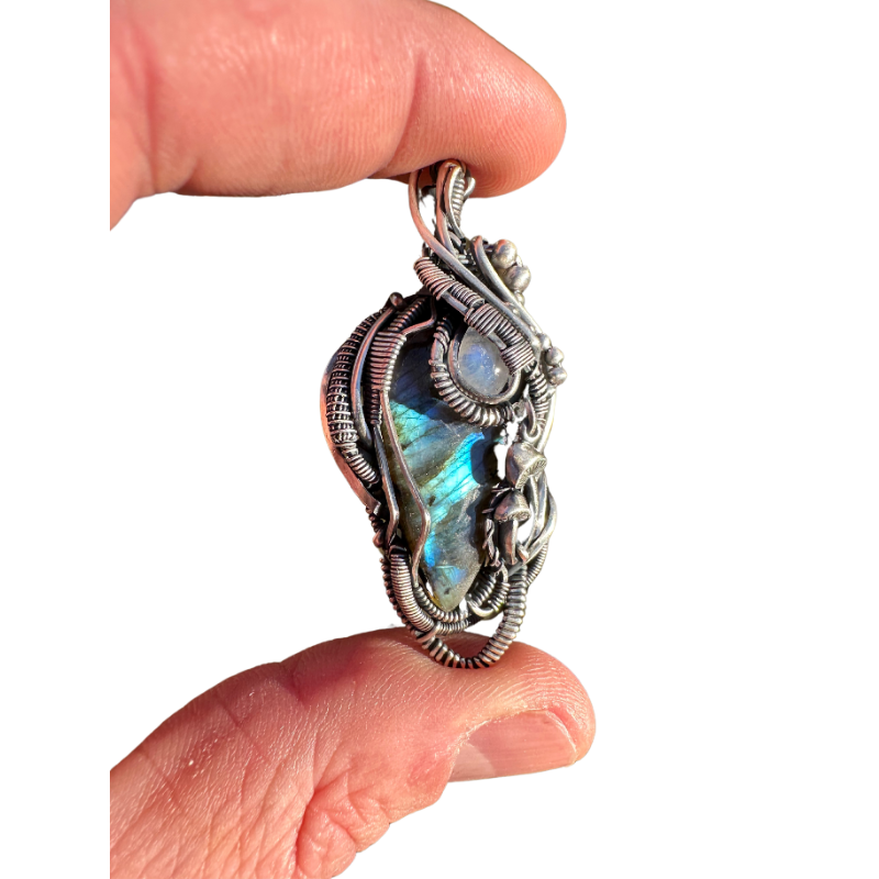 SOLD - Labradorite & Moonstone Wire Wrapped Pendant with Mushroom Accents - #4