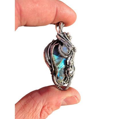 SOLD - Labradorite & Moonstone Wire Wrapped Pendant with Mushroom Accents - #4