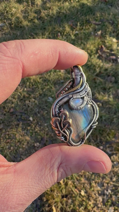 Labradorite & Moonstone Wire Wrapped Pendant with Mushroom Accents - #1