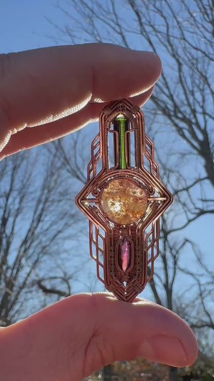Portal Talisman 🪬 🕳️🛸👽 Copper Tech Key Pendant, Tourmaline & Garnet Crystals
